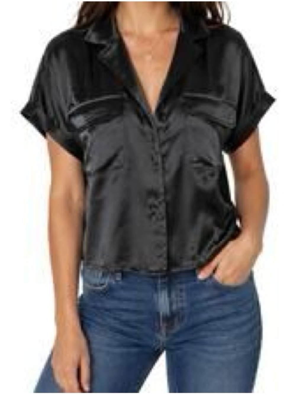 Rachel Zoe Faux Satin Black Short-Sleeve Button-Front Blouse Top Front Pockets